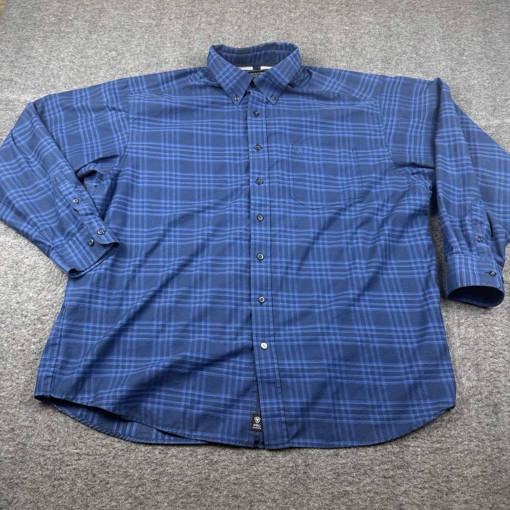 Ariat Pro Series Shirt Mens 2XL Blue Plaid Long Sleeve Button Down *DISTRESSED